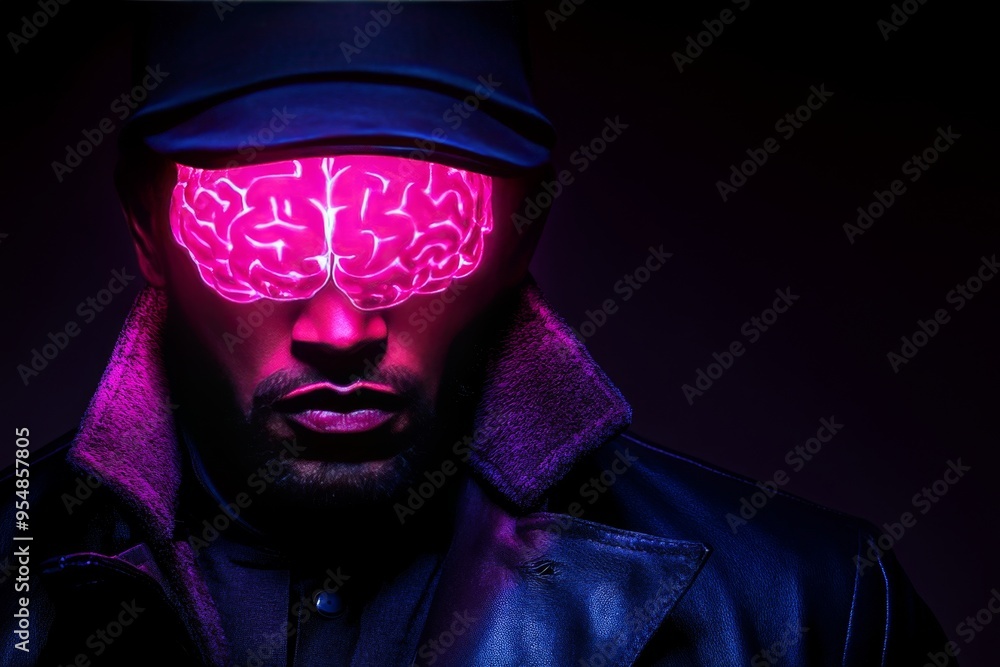 Poster anterior cingulate cortex emotional bonding man in a dark setting with a neon brain pattern represen
