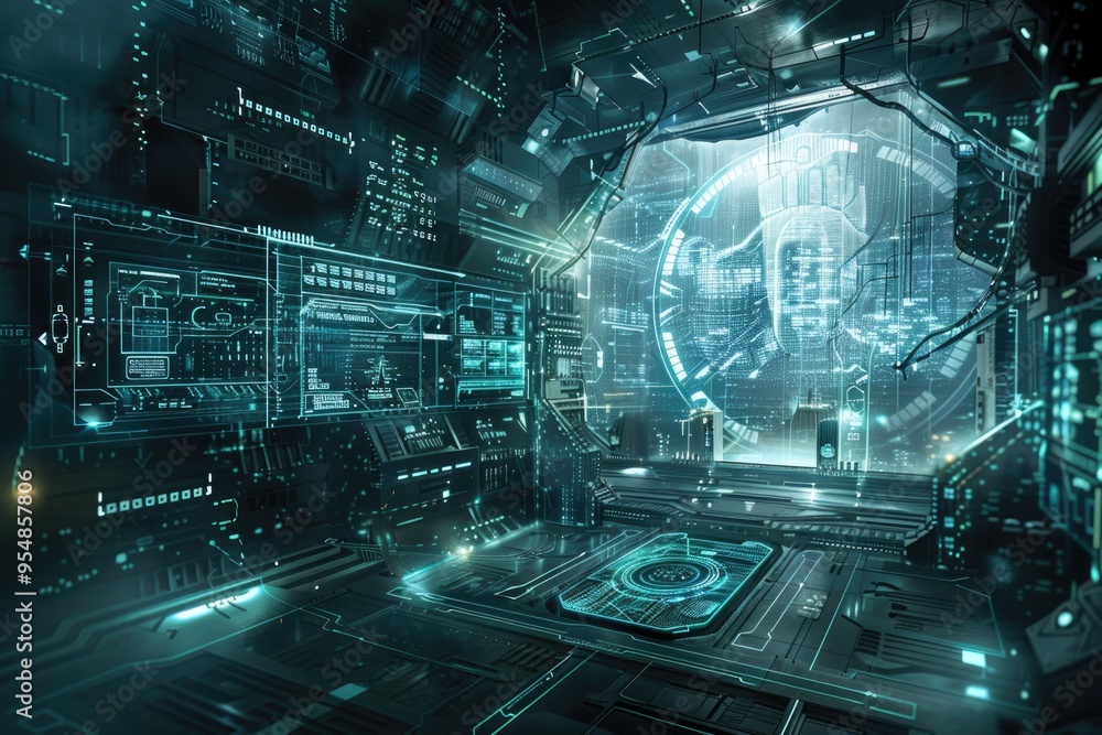 Aufkleber futuristic digital data network in a high-tech cyber environment