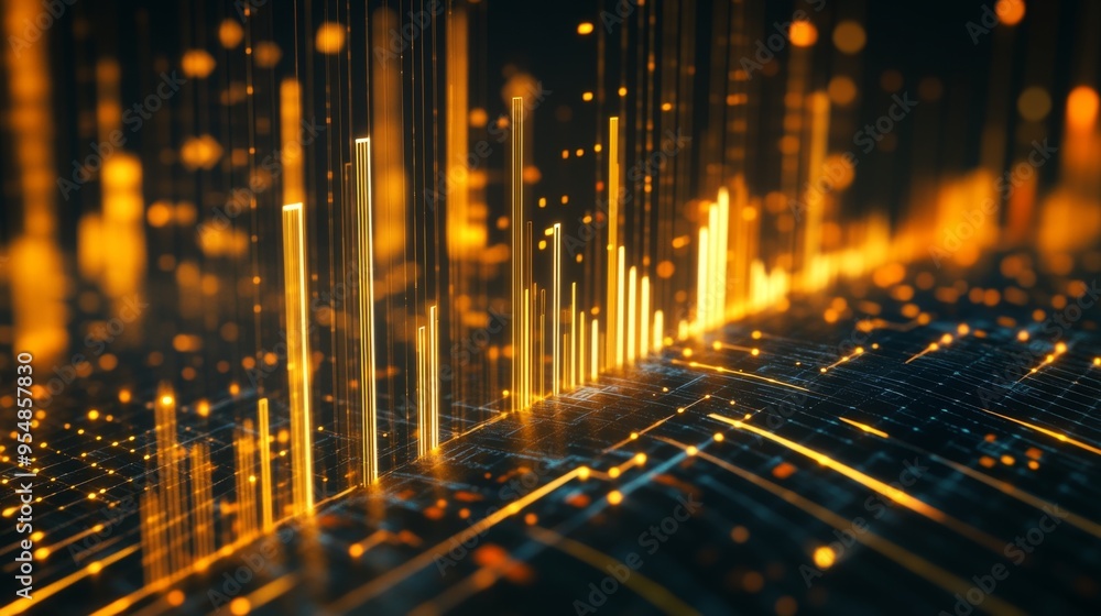 Aufkleber a 3d gold price graph on a dark background, with bars and lines in gold, showing a steady increase i