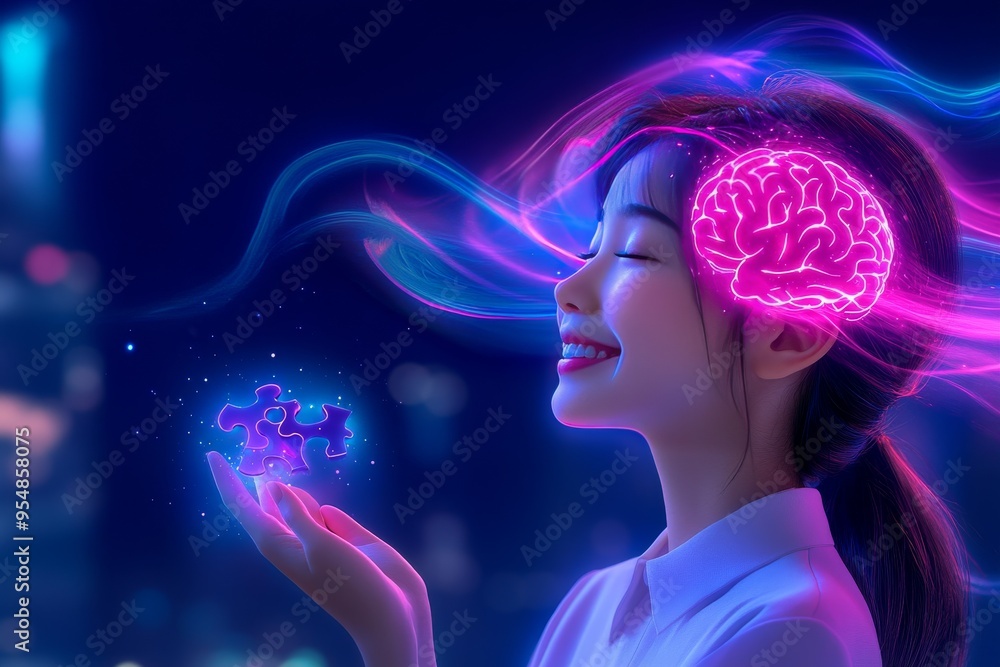 Poster ventromedial prefrontal cortex emotional bonding woman in a vibrant digital world with a glowing bra