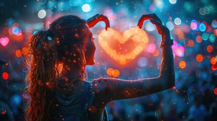 Obraz premium Person making a heart shape with their hands at a music festival, in front of a stage.