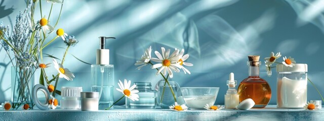 Natural Skincare Products with Fresh Flowers on Blue Background