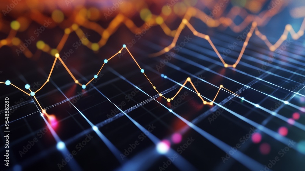 Poster A 3D line graph with multiple intersecting lines and markers, set on a grid with depth and perspective, illustrating complex data trends