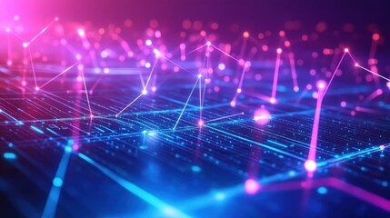 Abstract Technology Background with Glowing Lines and Dots in Pink and Blue Colors.