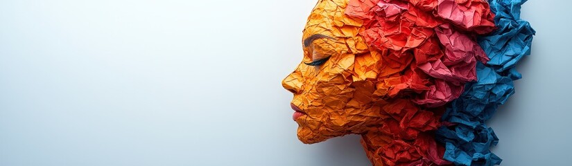 head made from colorful crumpled paper on the right side, white background, concept for mental health or positive thinking