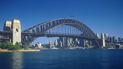 26. **Show the Sydney Harbour Bridge arching over the harbor with the city skyline in the background.**