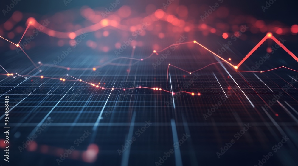 Poster A 3D line graph with multiple intersecting lines and markers, set on a grid with depth and perspective, illustrating complex data trends