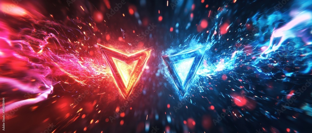 Poster abstract red and blue triangle shapes with glowing lights and particles background.