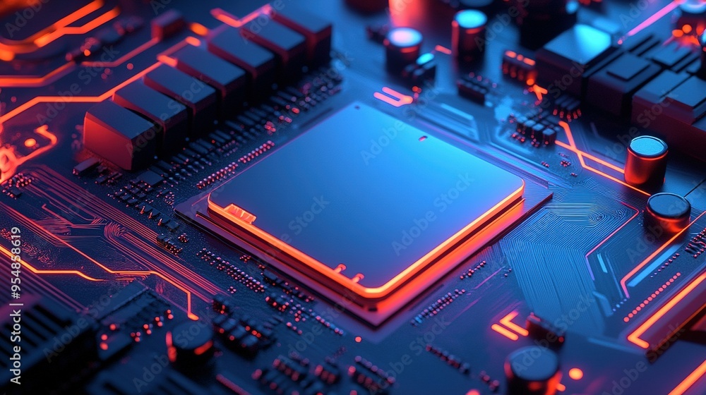 Poster close-up view of a futuristic computer motherboard with glowing circuits and a central processor at 