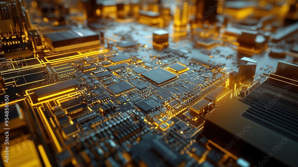 Poster close-up view of a detailed circuit board with glowing components showcasing technology in a modern 