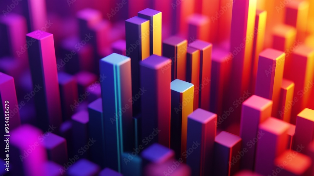 Poster a 3d stacked column chart with multiple layers of bars and distinct colors, illustrating complex dat