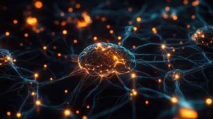 Abstract Neural Network with Glowing Brain and Connections - AI, Technology, and Neuroscience Concept.