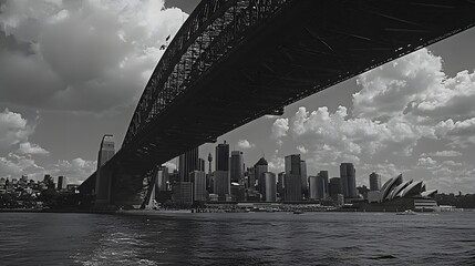 26. **Show the Sydney Harbour Bridge arching over the harbor with the city skyline in the...