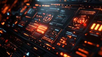 Obraz premium Futuristic Digital Interface with Orange Glowing Lights - Sci-fi Technology Background.