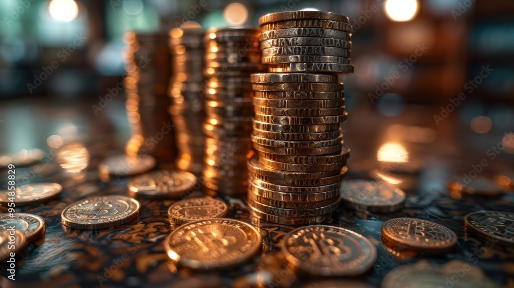 Poster close-up shot of a stack of coins with other coins scattered around