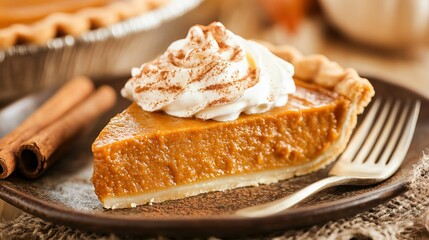 Delicious slice of pumpkin pie topped with whipped cream and cinnamon served on a rustic wooden table during autumn festivities