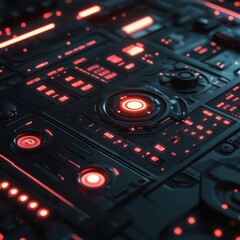 Obraz premium Futuristic Interface with Glowing Red Buttons and Controls.