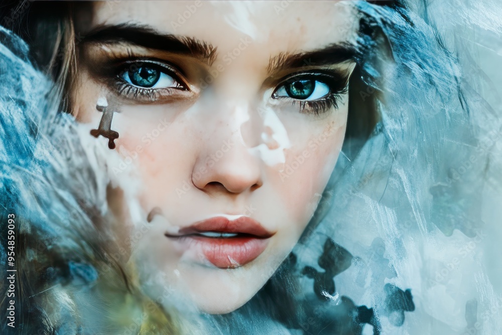 Poster hedonic adaptation emotional bonding close up of a womans face with puzzle pieces embedded symbolizi