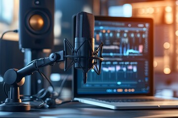 Fototapeta premium A close-up view of a microphone connected to a laptop displaying audio editing software during a studio recording session