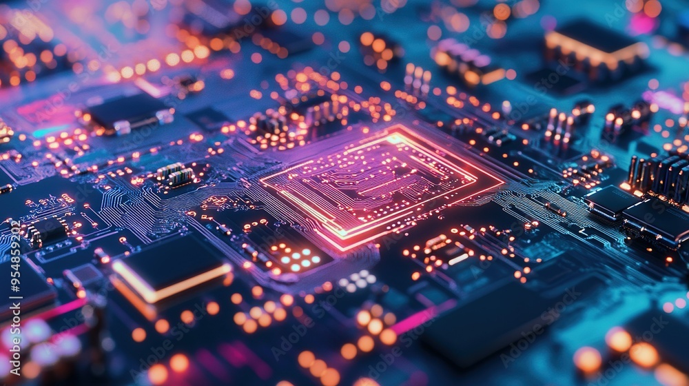 Poster close-up view of a glowing microchip on a circuit board with intricate connections and vibrant light