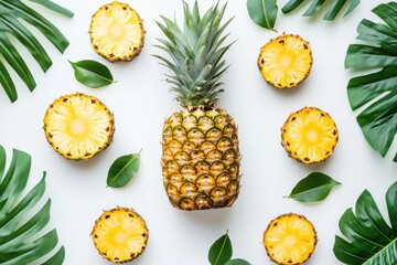 A vibrant display of a whole pineapple with several slices and green leaves scattered around