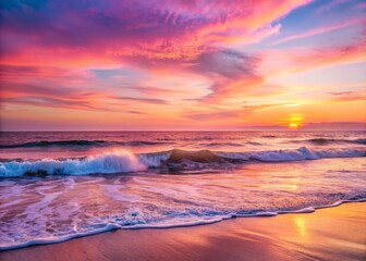 Fototapeta premium Soft pink hues of sunset fade across the horizon as the Pacific Ocean's waves gently lap at the shore