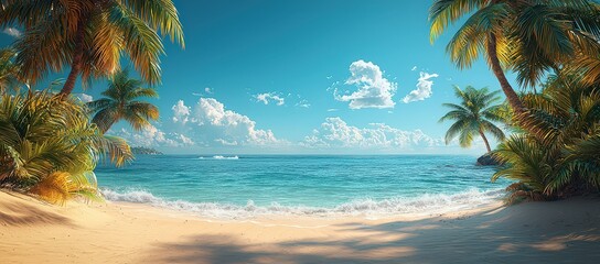 tropical beach with palm trees and clear blue sky, a view from the sand to the ocean water. 