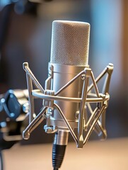 Close-up of a professional microphone in a recording studio setting during daylight hours, capturing attention to detail in the equipment setup