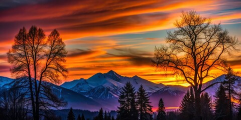 Obraz premium Dark silhouettes of trees stand stark against the vibrant colors of the sunset, as the snow-covered mountains rise up in the background.