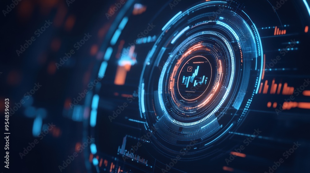 Poster a futuristic hud interface with various data points and graphs overlaying a dark background
