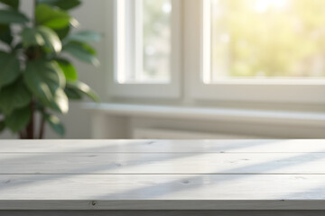Fototapeta premium Blank wooden counter table in soft sunlight