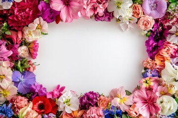 A vibrant floral frame made up of a variety of colorful flowers surrounding a blank white card