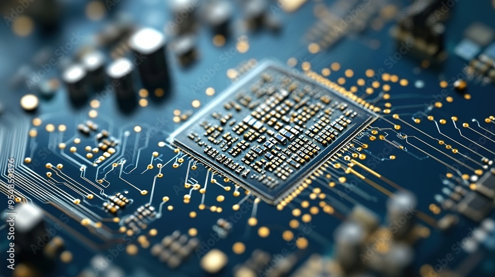 Poster close-up view of a microprocessor on a circuit board showcasing intricate details of technology and 