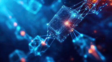 Abstract Blue and Orange Digital Network Connection with Cubes, Lines, and Glowing Lights.