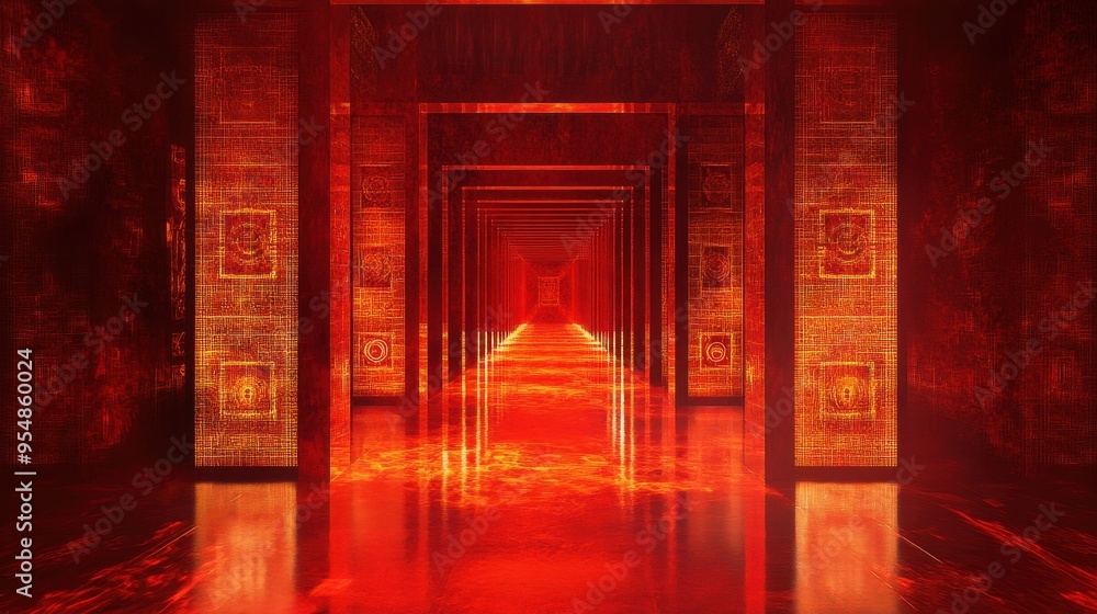 Poster abstract red and orange corridor with geometric patterns.