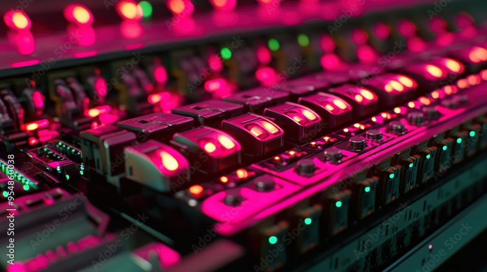 Poster colorful illuminated control panel featuring multiple buttons and switches in a close-up view, showc