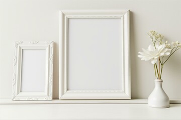 Poster photo frame mockup with a green plant and white frames on white background