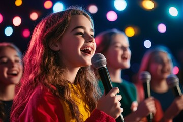 Young girls joyfully singing together on stage under colorful lights during a musical performance at an event