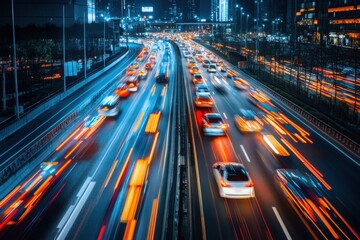 Obraz premium A vibrant image of city life showing a busy highway at night with cars in motion