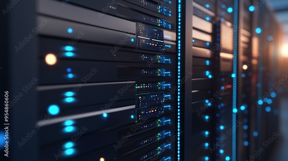 Poster data center interior with illuminated server racks showcasing advanced networking equipment in a mod