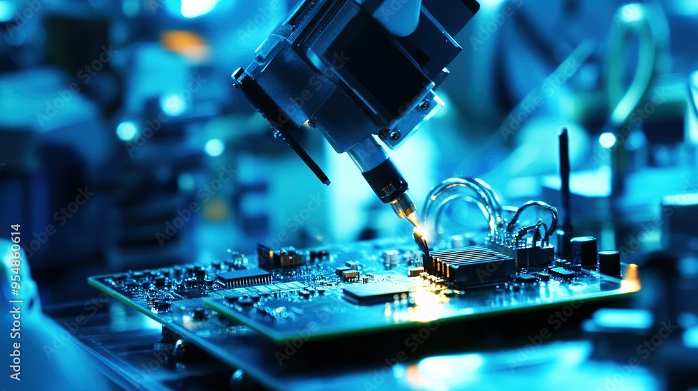 Poster technician using precision equipment to repair a circuit board in a laboratory setting during evenin