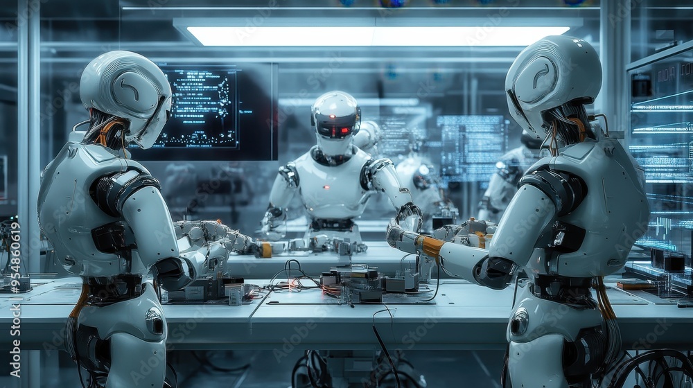 Aufkleber futuristic robot engineers working on advanced technology