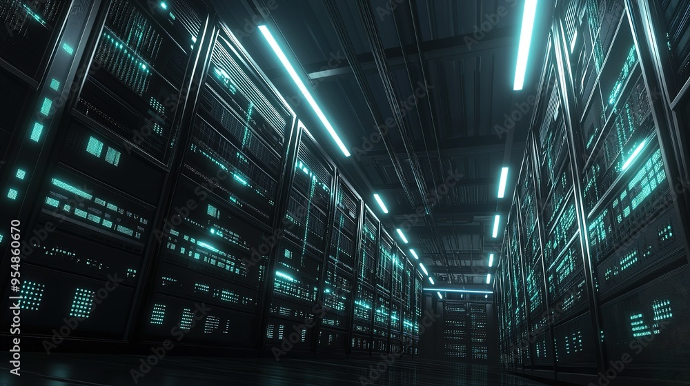 Poster advanced server room illuminated by neon lights showcasing rows of high-tech data storage equipment 