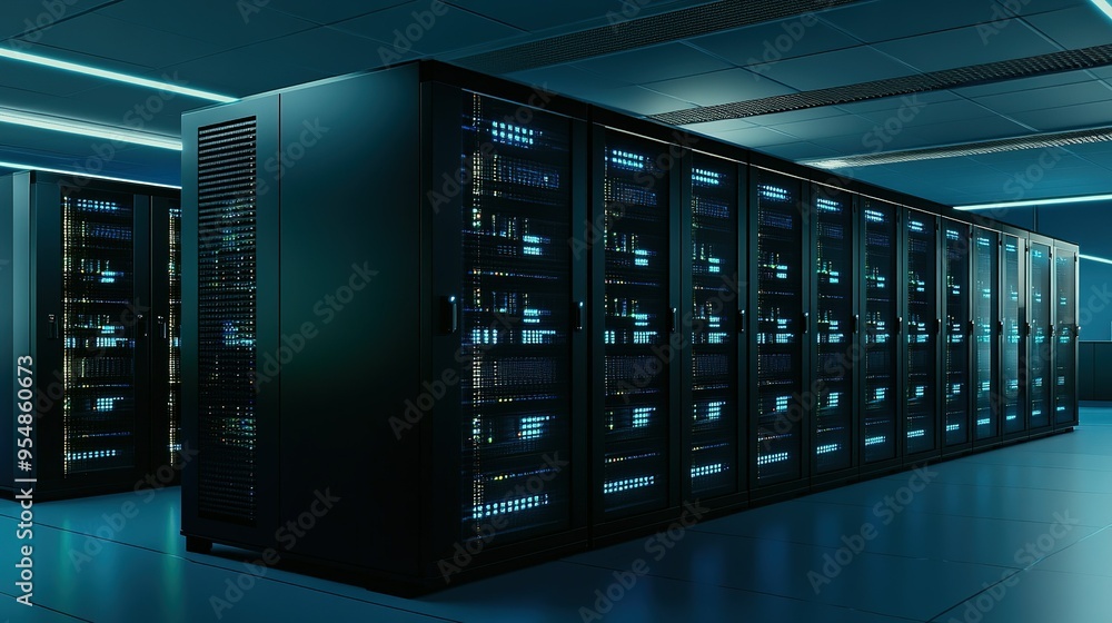 Poster high-tech data center filled with blinking servers in a modern facility at night showcasing advanced