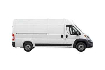 A cargo van for transportation services is isolated on a white background, suitable for mockups, advertising, logistics, and delivery concepts