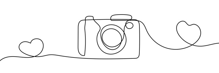 Continuous single line camera with hearts one line art drawing illustration art on camera