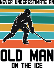 Never underestimate an old man on the ice hockey player plays field hockey on a sunny day, female hockey player hits the ball with a stick