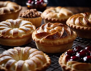 Freshly baked pastries and pies are arranged attractively on a table in a warm bakery. Their golden brown crusts feature beautifully crafted designs topped with a dusting of sugar. Generative AI