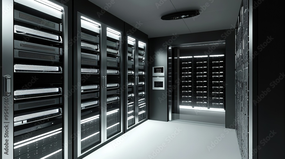 Poster modern server room featuring rows of black server racks with illuminated panels and minimalistic des