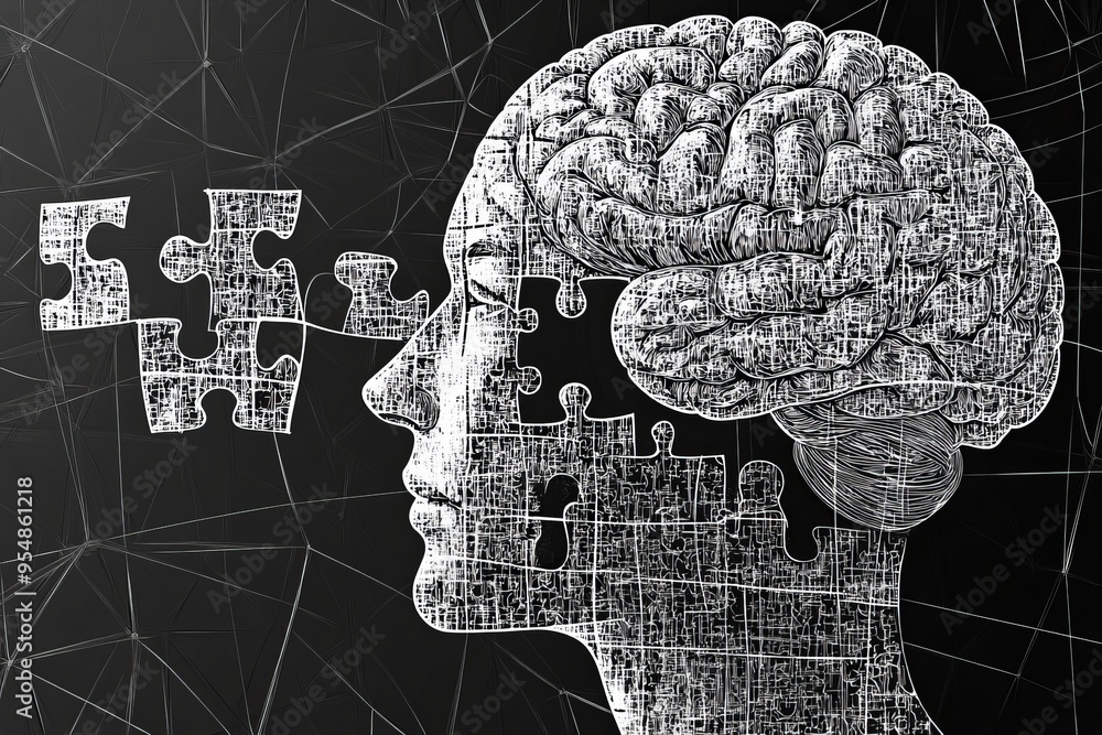 Poster stress response emotional bonding digital illustration of a head with puzzle pieces symbolizing the 
